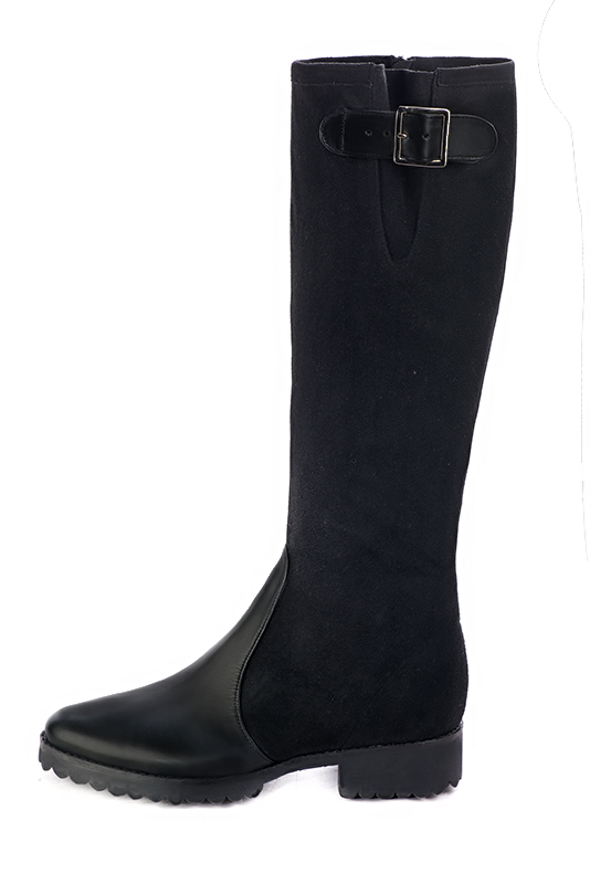 Satin black women's knee-high boots with buckles. Round toe. Flat rubber soles. Made to measure. Profile view - Florence KOOIJMAN